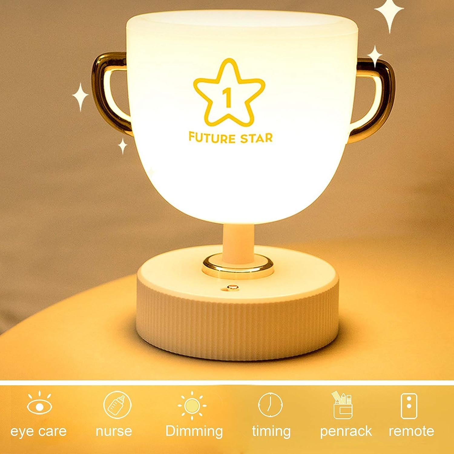 Nursery Night Light with Pen Holder for Bedroom, Trophy Cup USB Charging Desk Lamp,Led Desk Lamp with Pencil Cup,Rechargeable White Small Desk Light for Bedroom