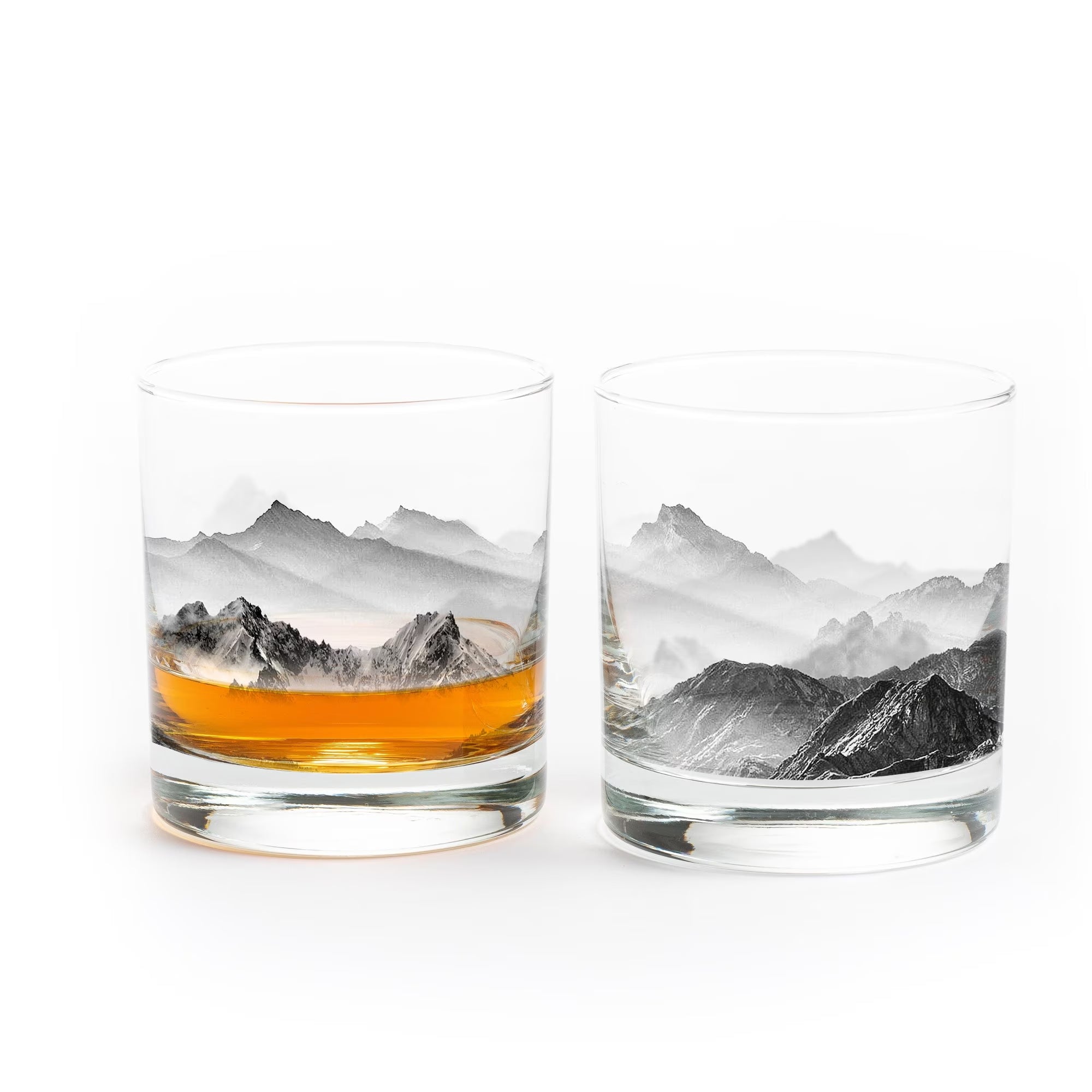 Mountains and Clouds Rock Glass Set - Mountain and Nature Themed Kitchen Glasses - Whiskey Lover Gift - Whiskey Glasses Set of Two 11Oz.