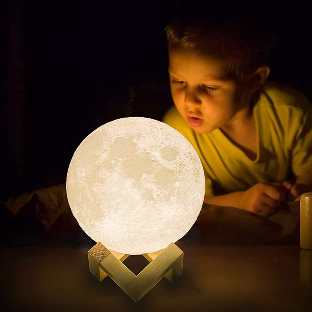 AED Moon Lamp for Bedroom Moon Night Light for Adults Kids Baby- Gifts for Girls Boys Women Men Remote Touch Control Wooden Stand 4.8 Inch Small Size